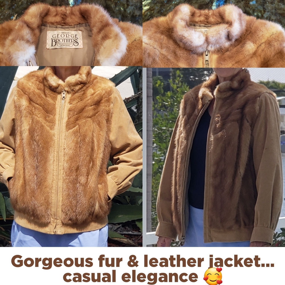 Elegant Fur & Leather Jacket, caramel-color, size 6 (small)